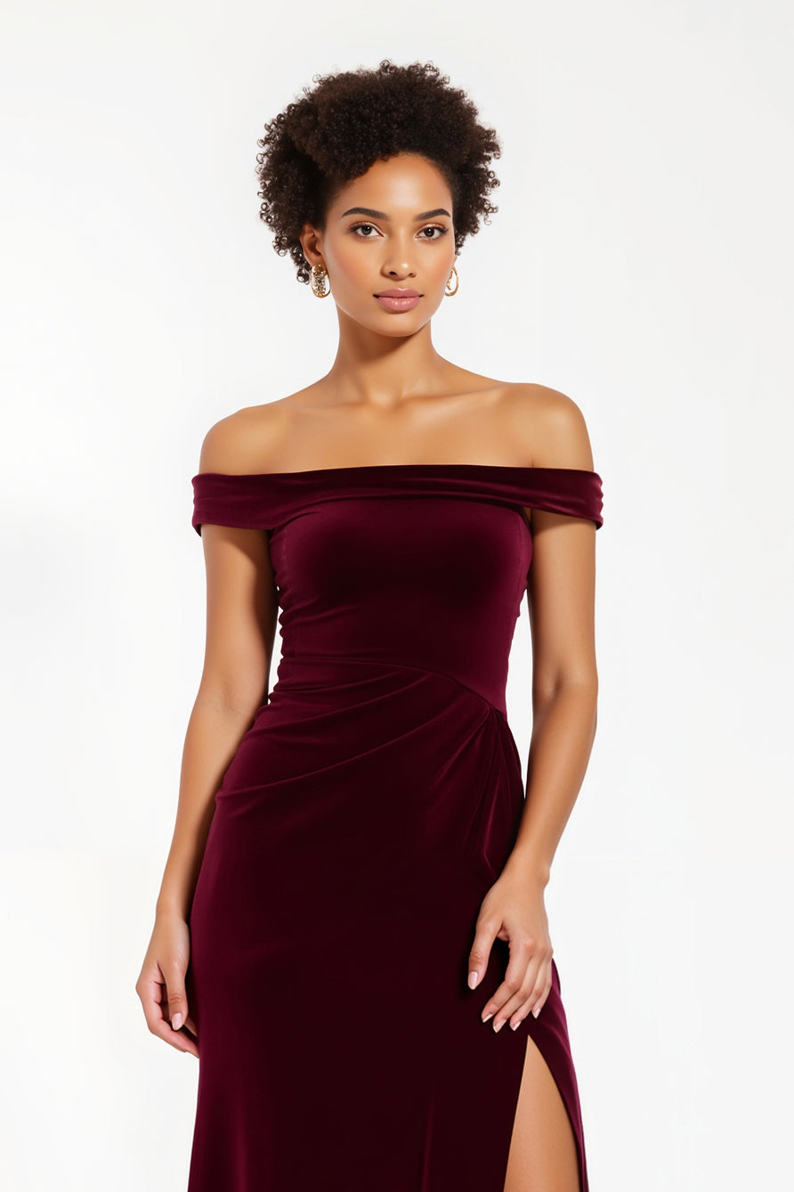 Burgundy Velvet Sheath Off The Shoulder Long Holiday Party Dress With Slit