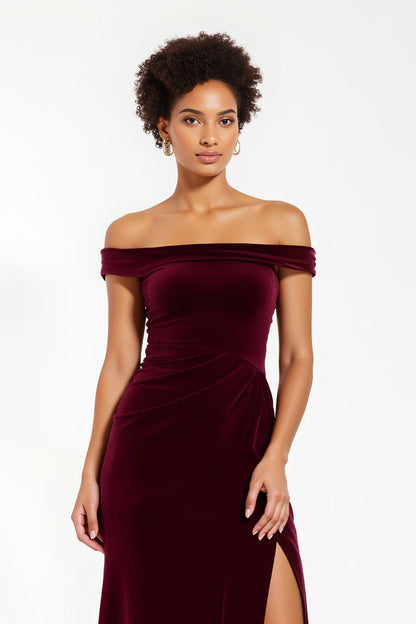 Burgundy Velvet Sheath Off The Shoulder Long Holiday Party Dress With Slit