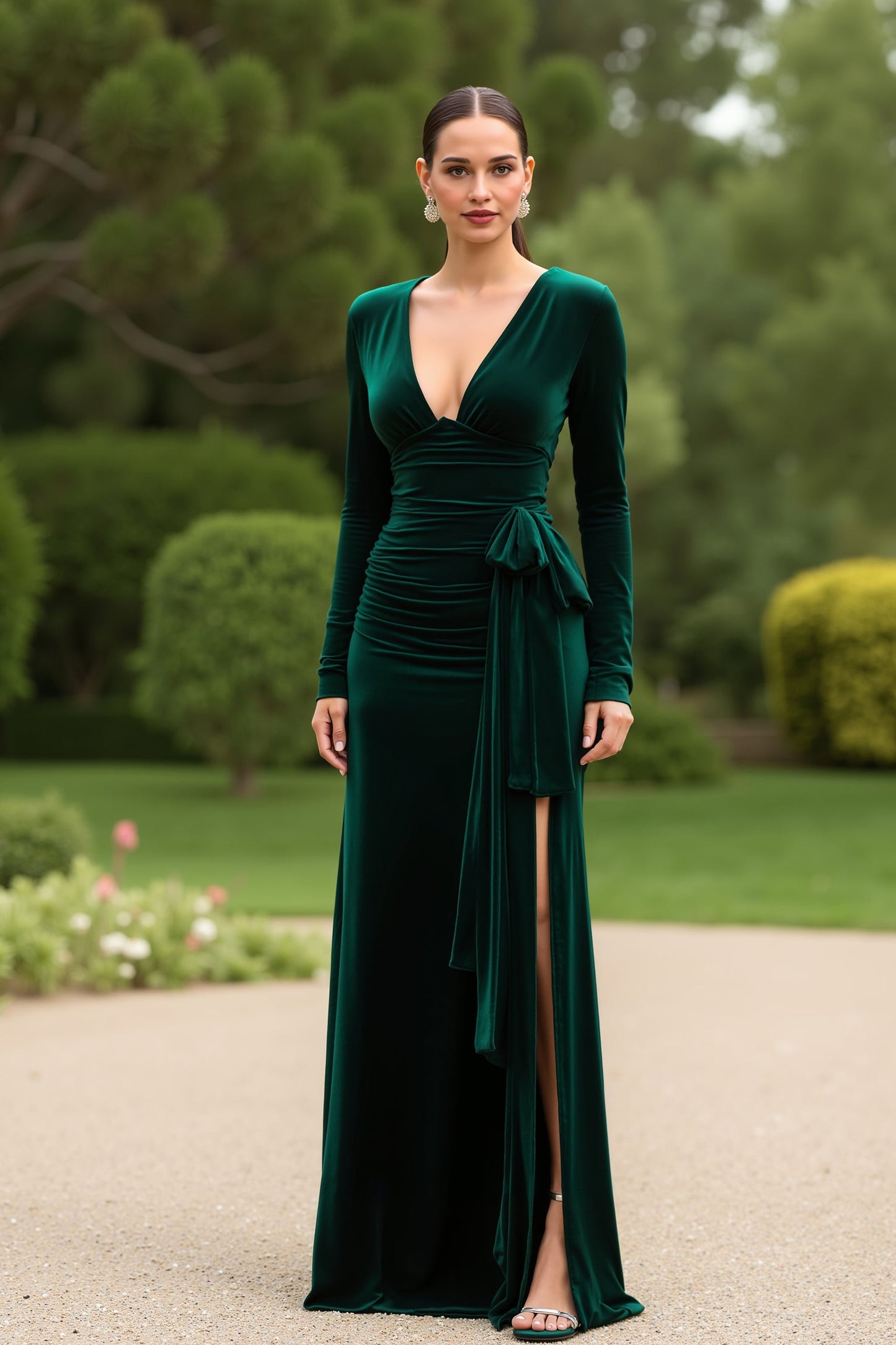 Dark Green V-Neck Sheath Velvet Long Holiday Party Dress With Slit
