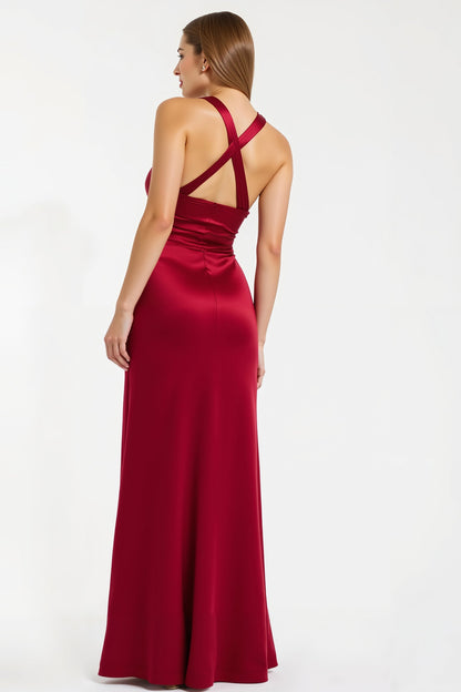 Burgundy V Neck Sheath Long Holiday Dress With Slit