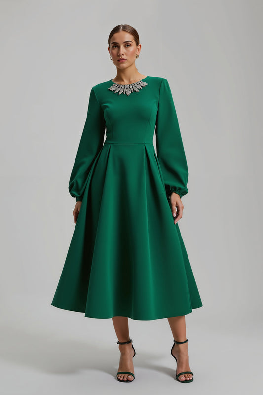 Dark Green A Line Long Sleeve Satin Beaded Holiday Dress