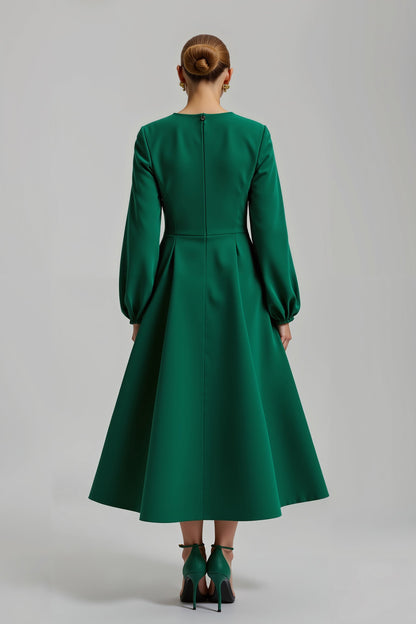 Dark Green A Line Long Sleeve Satin Beaded Holiday Dress