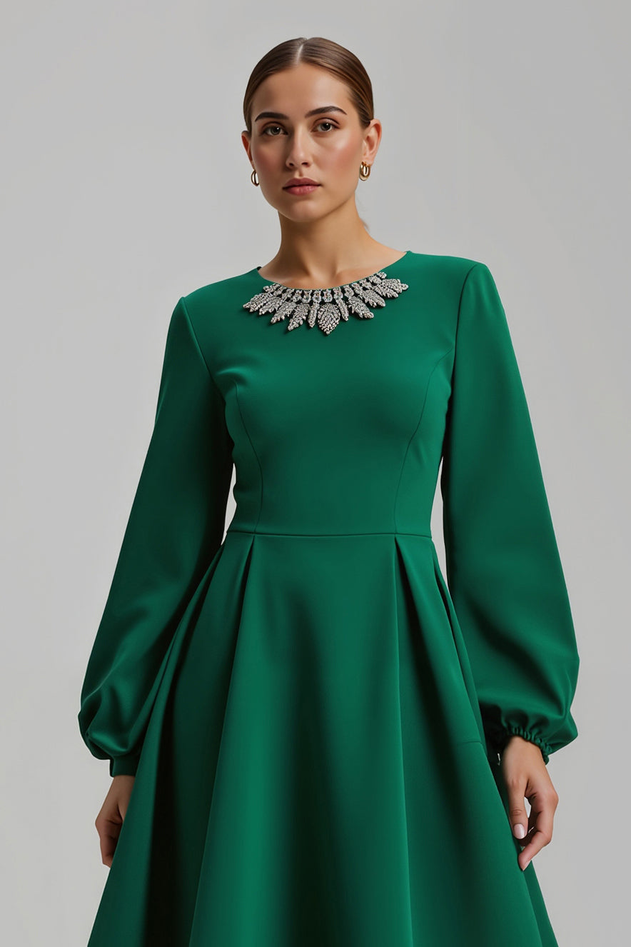 Dark Green A Line Long Sleeve Satin Beaded Holiday Dress