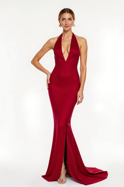 Red Halter Satin Mermaid Long Holiday Dress