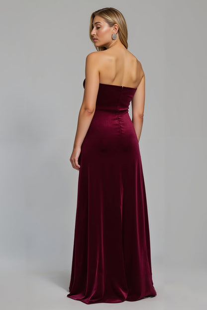 Burgundy Strapless Sheath Ruched Holiday Dress