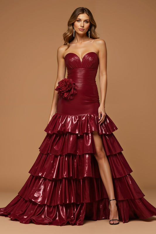 Burgundy Strapless Tiered A Line Metallic Holiday Dress