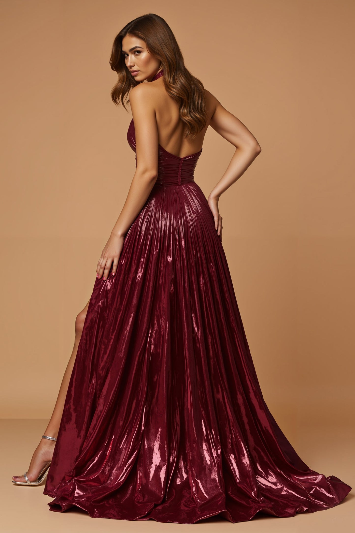 Burgundy Halter A Line Metallic Holiday Dress