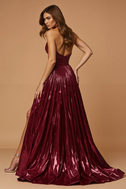 Burgundy Halter A Line Metallic Holiday Dress
