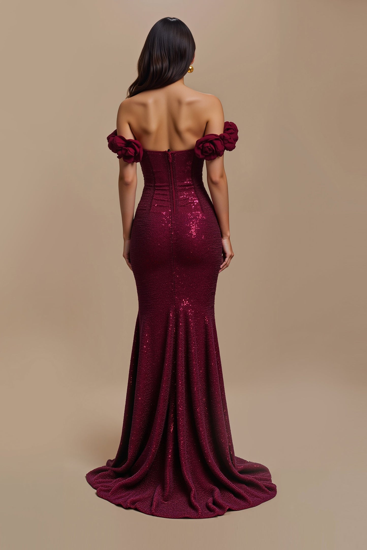Burgundy Sequin Mermaid Off The Shoulder Holiday Dress