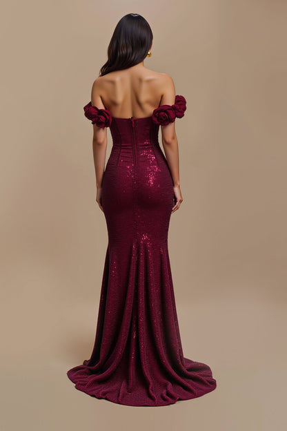 Burgundy Sequin Mermaid Off The Shoulder Holiday Dress