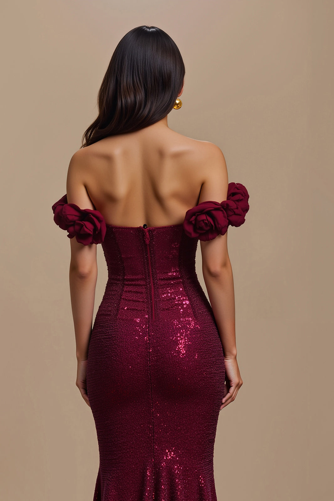 Burgundy Sequin Mermaid Off The Shoulder Holiday Dress