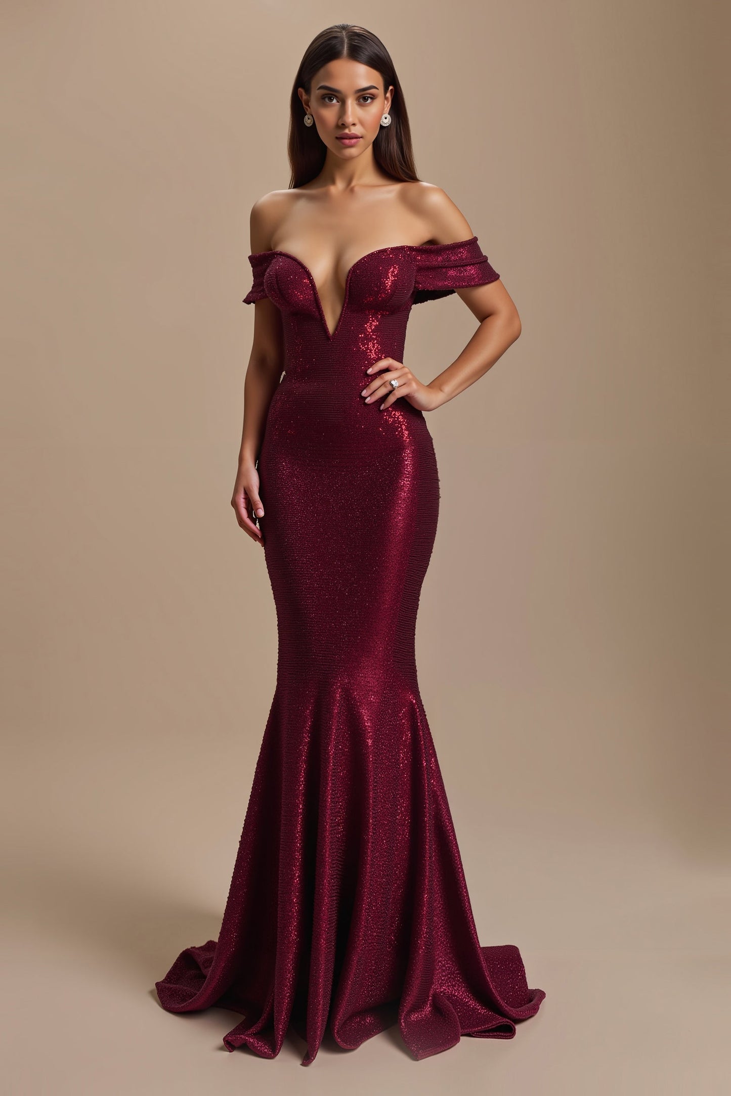 Burgundy Mermaid Off The Shoulder Sequin Holiday Dress