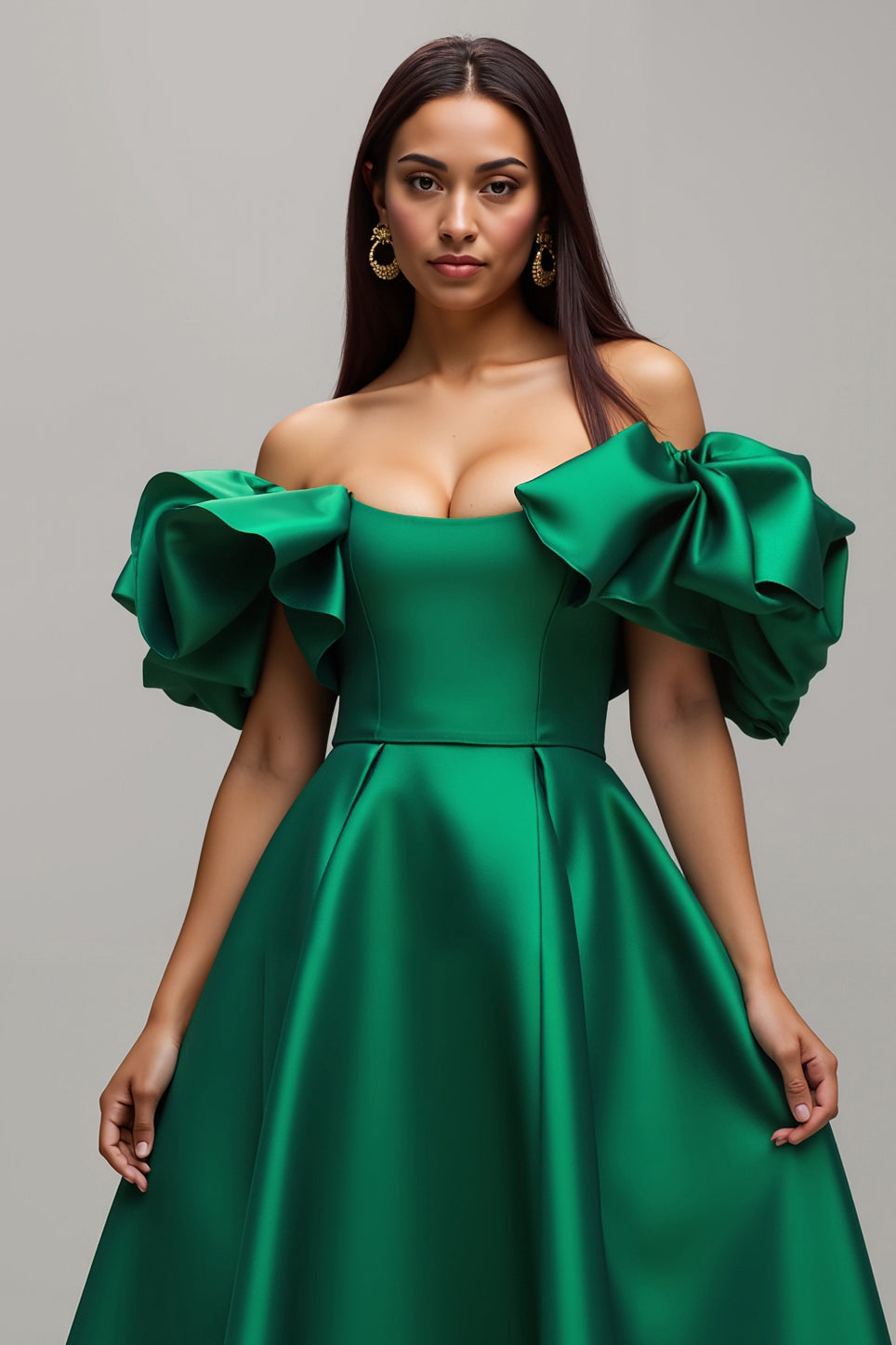 Dark Green Satin Off The Shoulder Holiday Dress