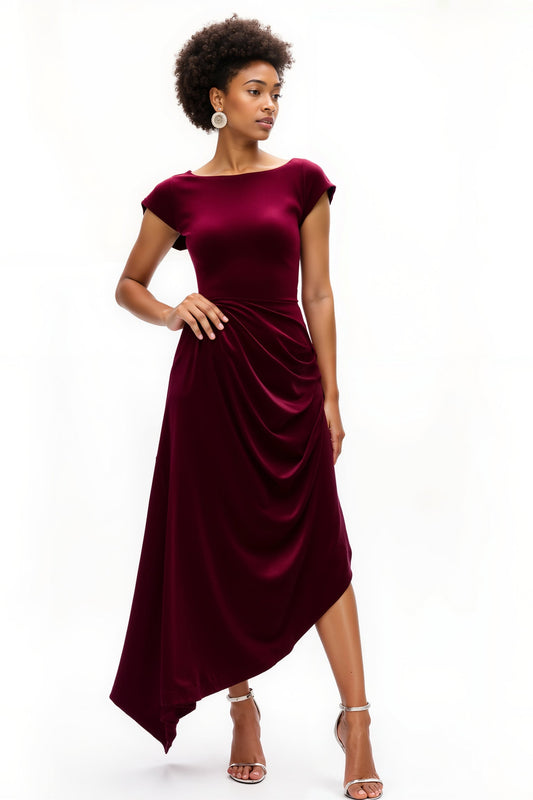 Burgundy A Line Boat Neck Ruched Holiday Dress