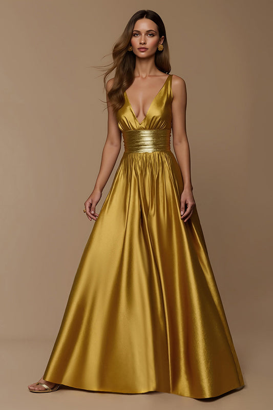Golden Metallic Satin Deep V Neck A Line Holiday Dress