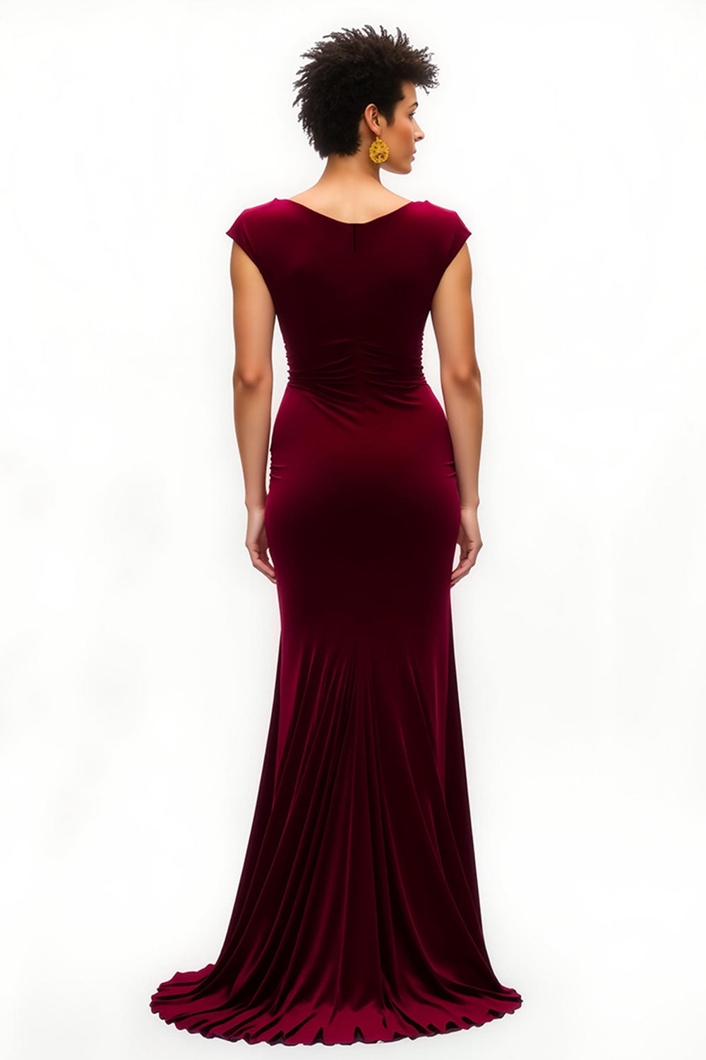 Burgundy Boat Neck Velvet Long Holiday Party Dress With Slit