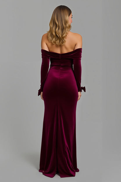 Burgundy Long Sleeves Off The Shoulder Holiday Party Dress With Slit