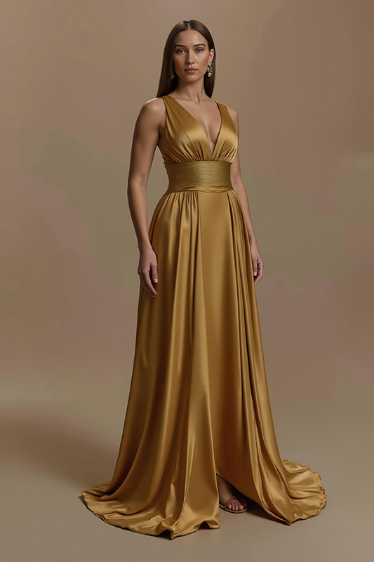Golden V-Neck Satin Backless Long Holiday Party Dress