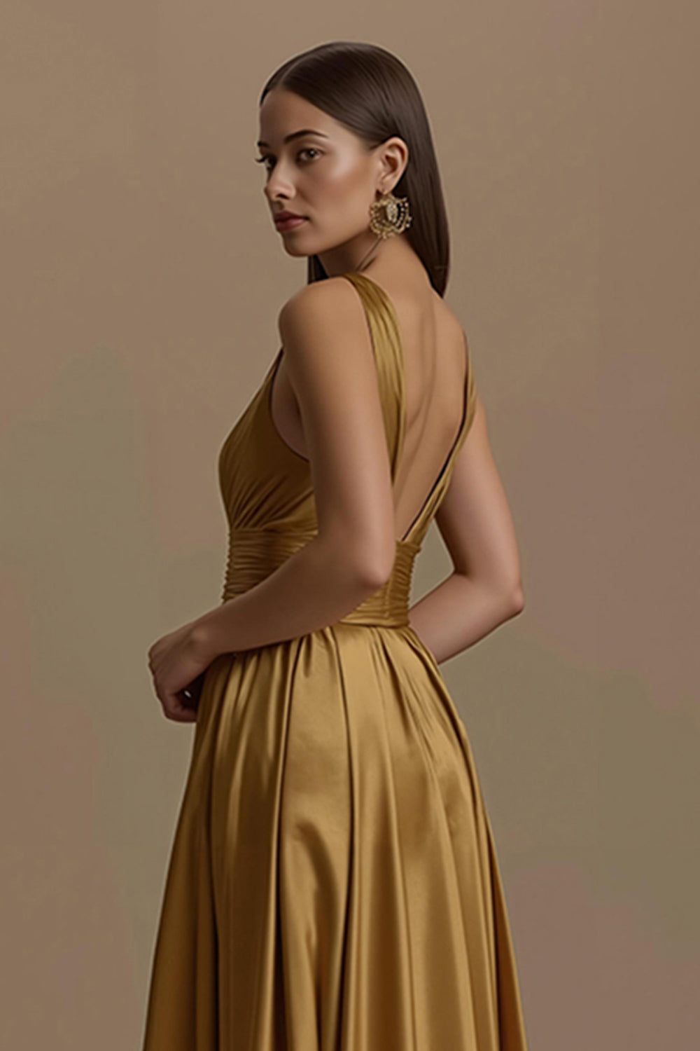 Golden V-Neck Satin Backless Long Holiday Party Dress