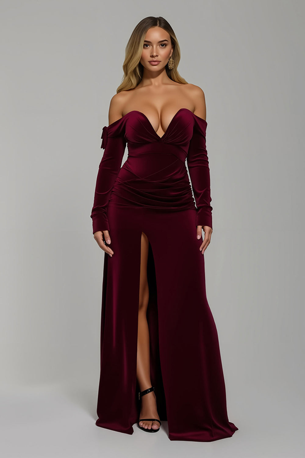 Burgundy Off The Shoulder Velvet Long Holiday Party Dress With Slit