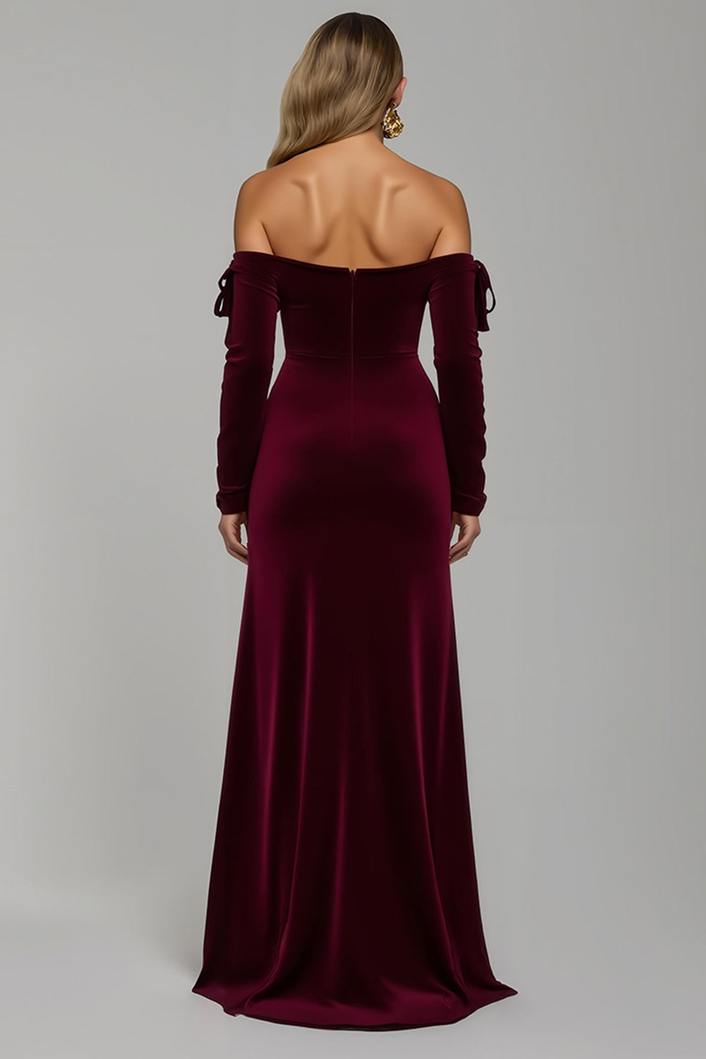 Burgundy Off The Shoulder Velvet Long Holiday Party Dress With Slit