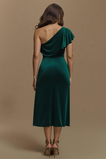 Dark Green Sheath Midi Velvet Holiday Party Dress With Sleeves