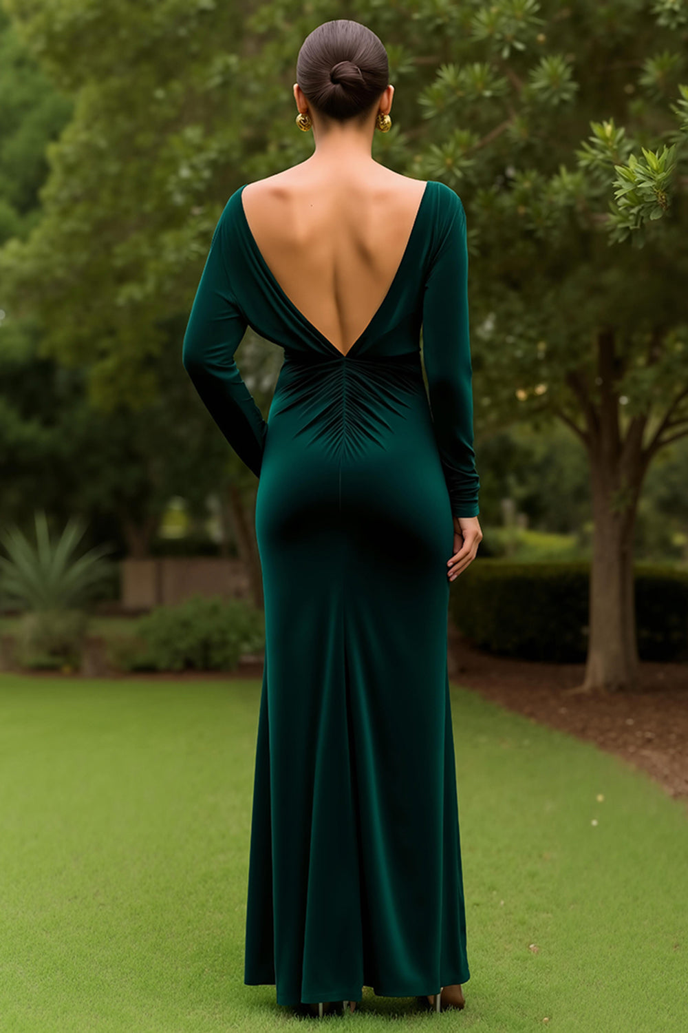 Dark Green Velvet Ruched Long Sleeves Holiday Party Dress With Slit