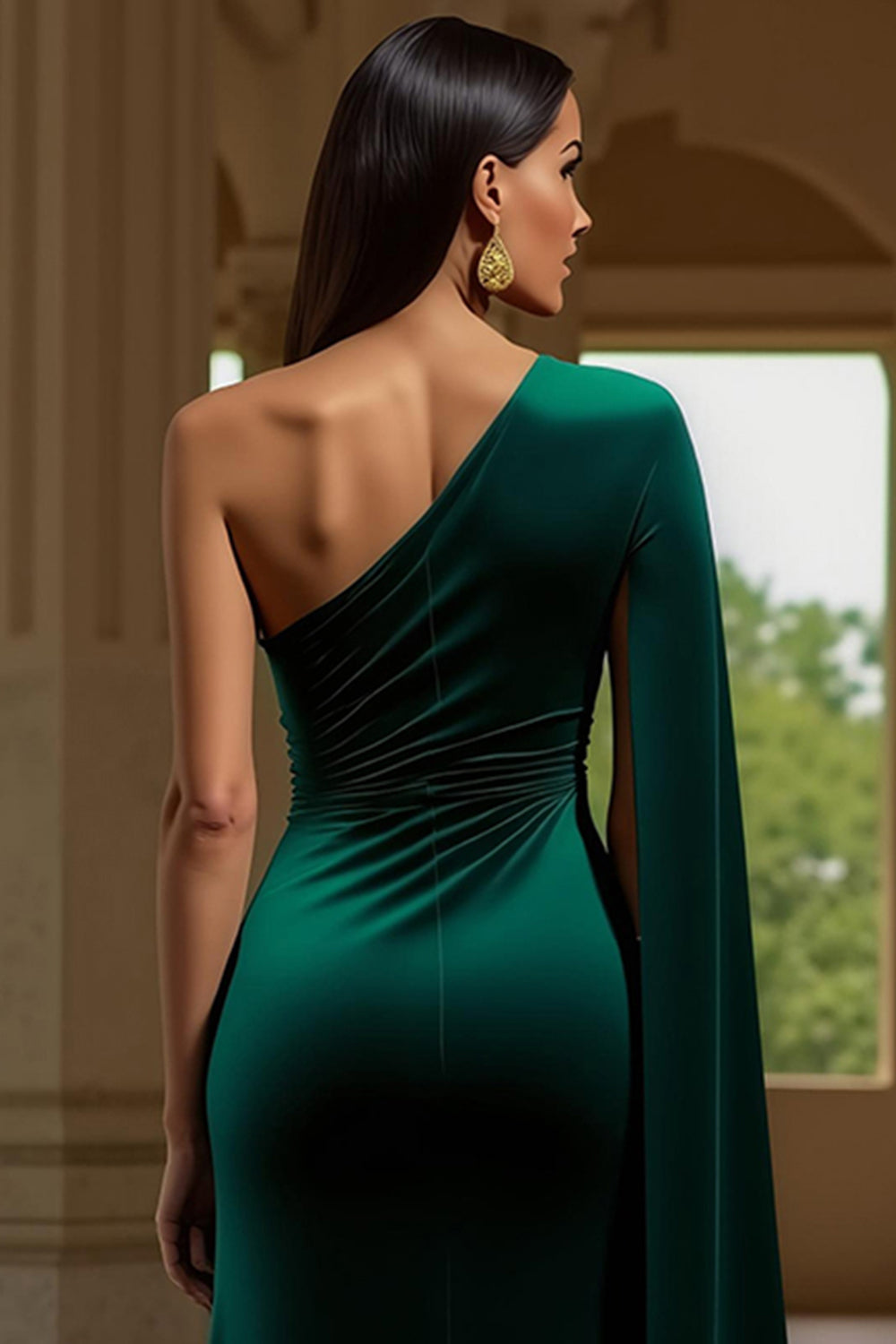 Dark Green Velvet One Shoulder Long Sleeve Holiday Party Dress With Slit