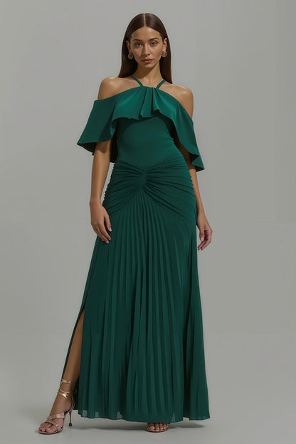Dark Green Pleated Halter Long Holiday Party Dress With Ruffles