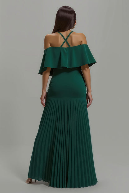 Dark Green Pleated Halter Long Holiday Party Dress With Ruffles