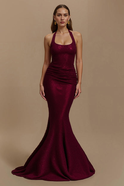 Sparkly Burgundy Halter Mermaid Long Holiday Party Dress