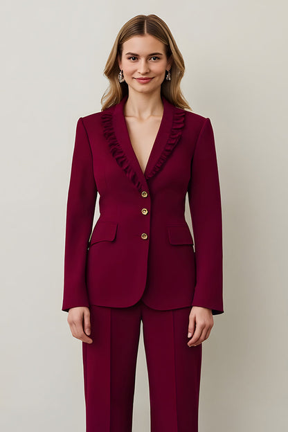 Burgundy Shawl Lapel 2 Piece Women Prom Suits with Ruffles