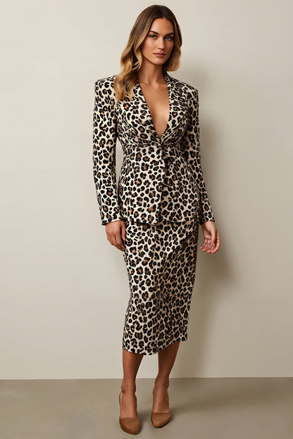 Coffee Leopard Shawl Lapel 2 Piece Pencil Work Dress