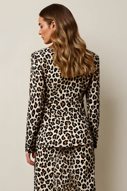 Coffee Leopard Shawl Lapel 2 Piece Pencil Work Dress
