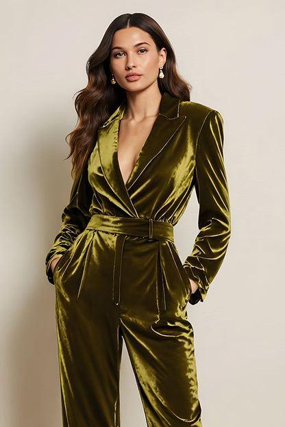 Green Velvet Peak Lapel Long Sleeves Jumpsuits