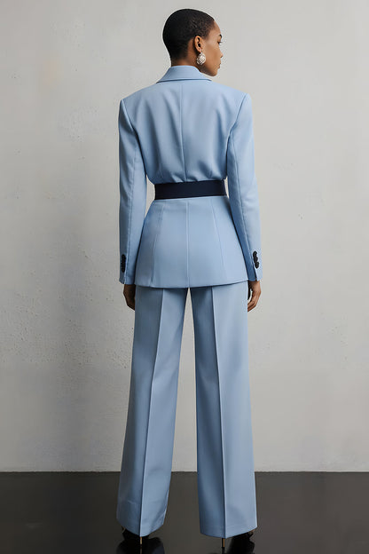 Light Blue 2 Piece Peak Lapel Business Suits with Sash