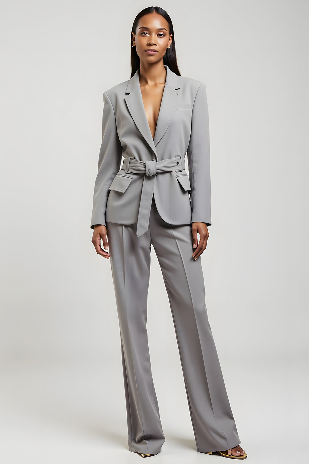 Grey Notched Lapel V Neck 2 Piece Women Suits with Pockets