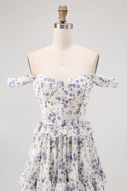 Purple Floral Off The Shoulder A Line Bridesmaid Dress with Lace Up Back