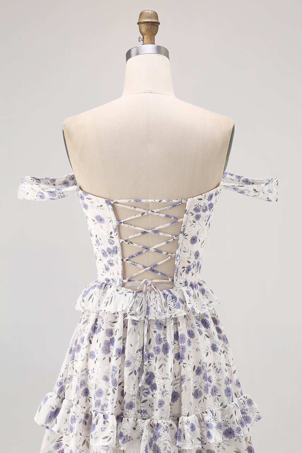 Purple Floral Off The Shoulder A Line Bridesmaid Dress with Lace Up Back