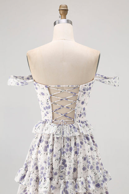 Purple Floral Off The Shoulder A Line Bridesmaid Dress with Lace Up Back