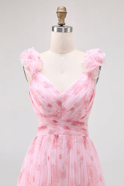 Blush Floral Printed A Line Tulle Long Bridesmaid Dress with Ruffles