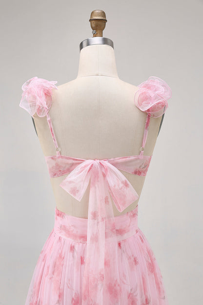 Blush Floral Printed A Line Tulle Long Bridesmaid Dress with Ruffles