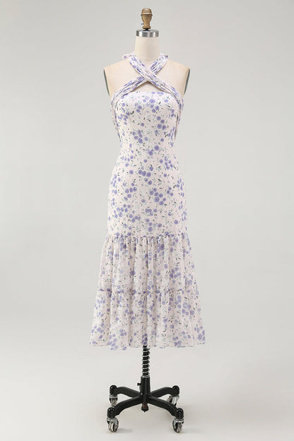 Blue Floral Halter A Line Ruffled Midi Bridesmaid Dress