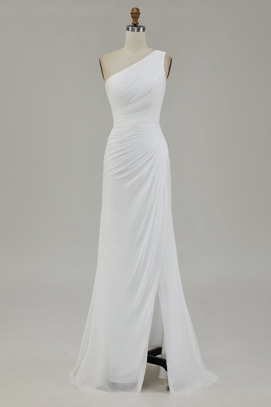 Ivory One Shoulder Long Sheath Beach Engagement Dress with Slit