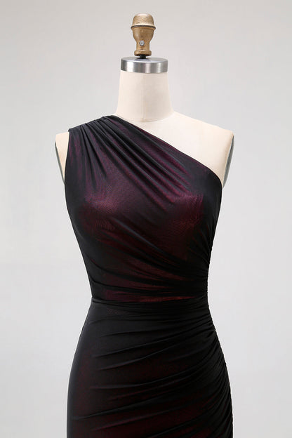 One Shoulder Black Pink Sheath Long Bridesmaid Dress with Slit