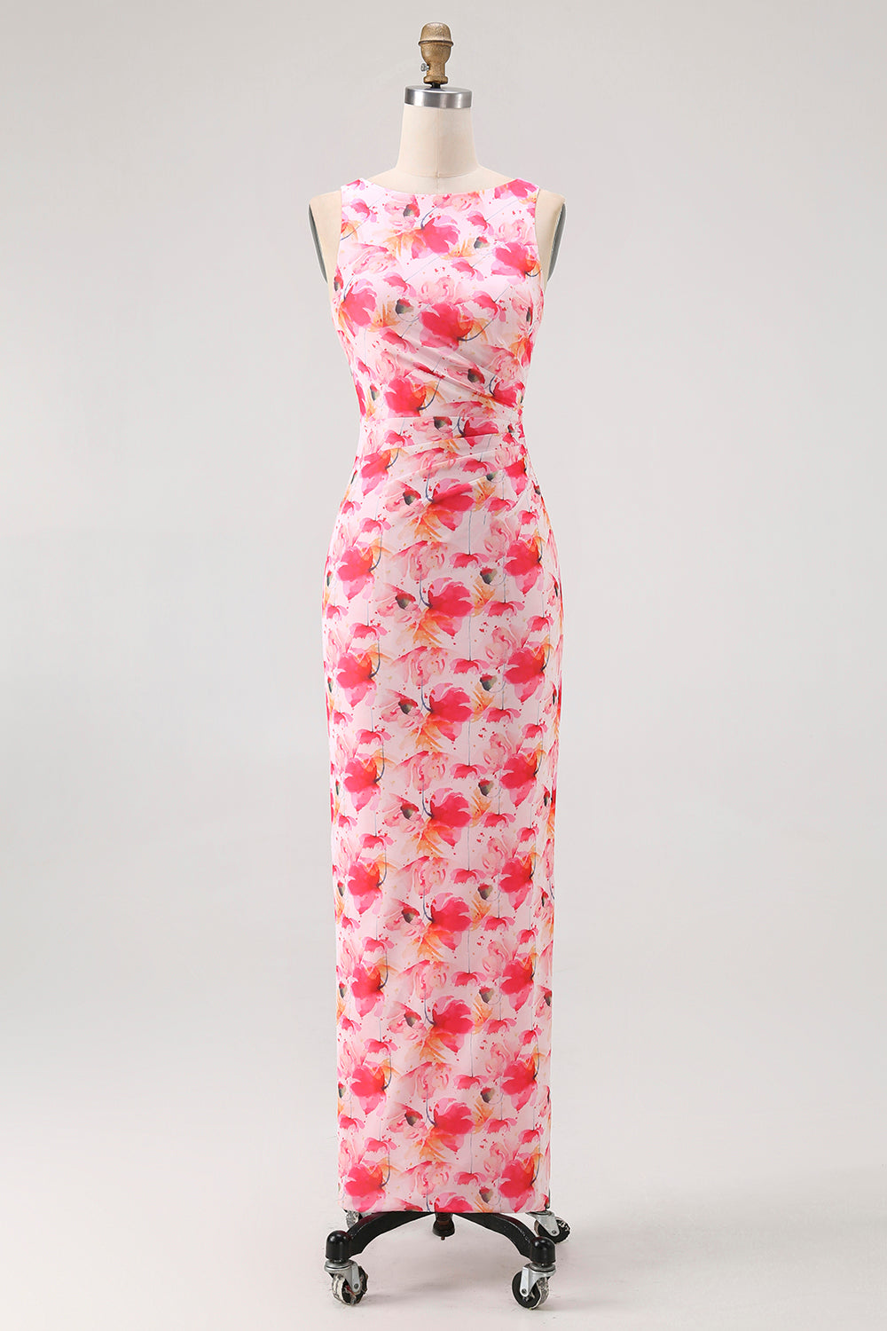 Pink Floral Sheath Boat Neck Print Long Bridesmaid Dress