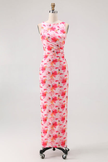 Pink Floral Sheath Boat Neck Print Long Bridesmaid Dress