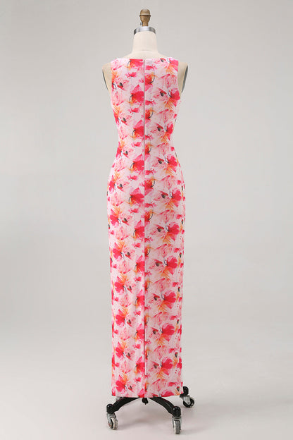 Pink Floral Sheath Boat Neck Print Long Bridesmaid Dress