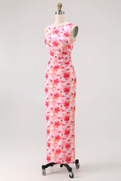Pink Floral Sheath Boat Neck Print Long Bridesmaid Dress