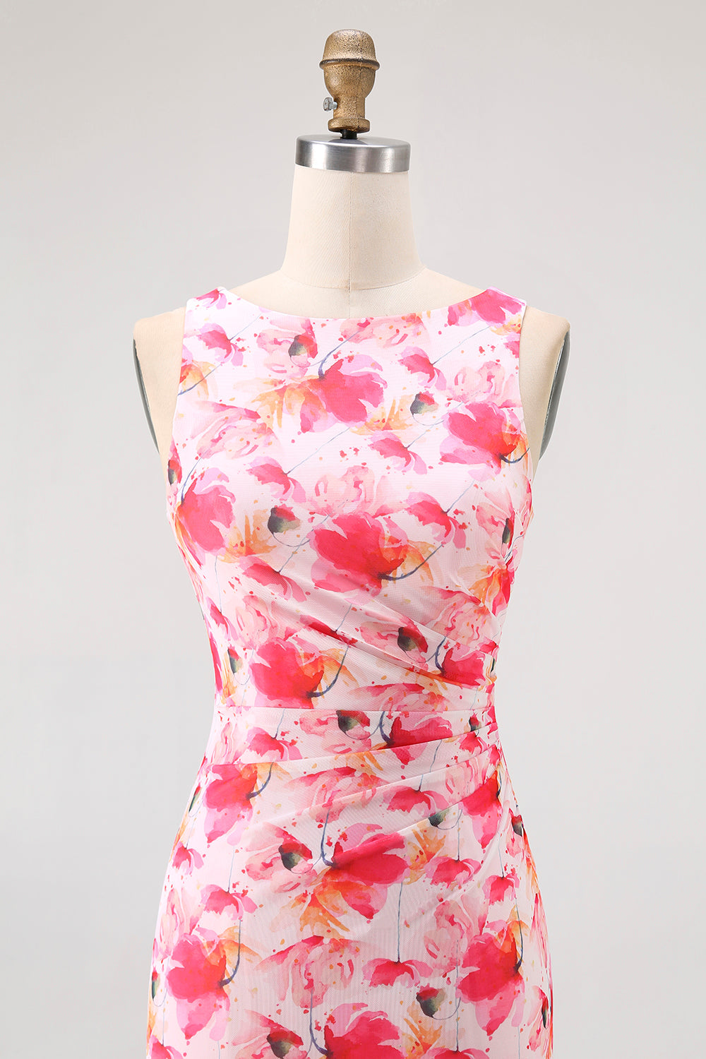 Pink Floral Sheath Boat Neck Print Long Bridesmaid Dress